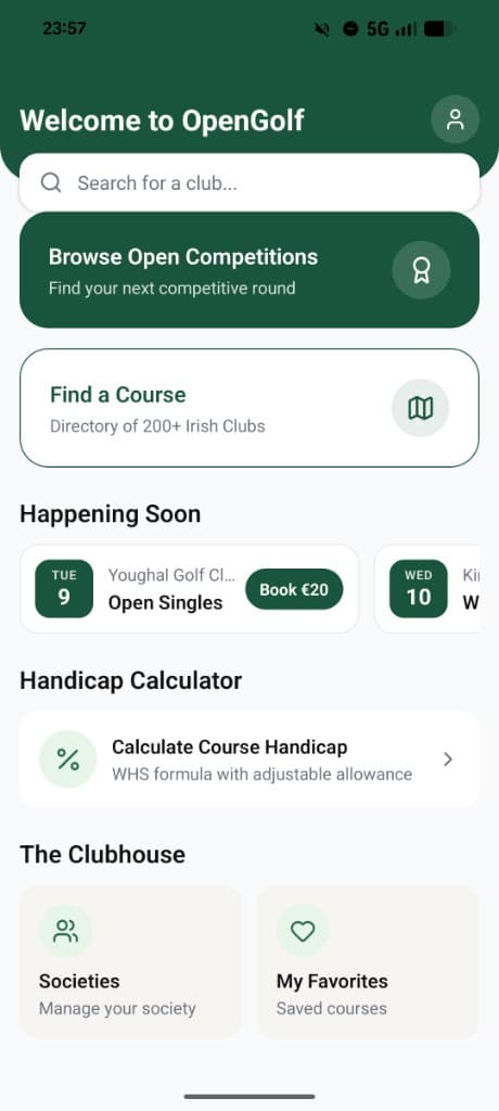 OpenGolf app home screen showing upcoming open competitions