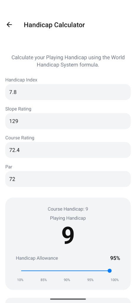 Handicap calculator screen in the OpenGolf app