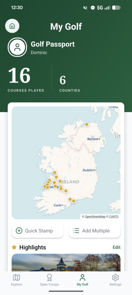 Golf Passport screen in the OpenGolf app